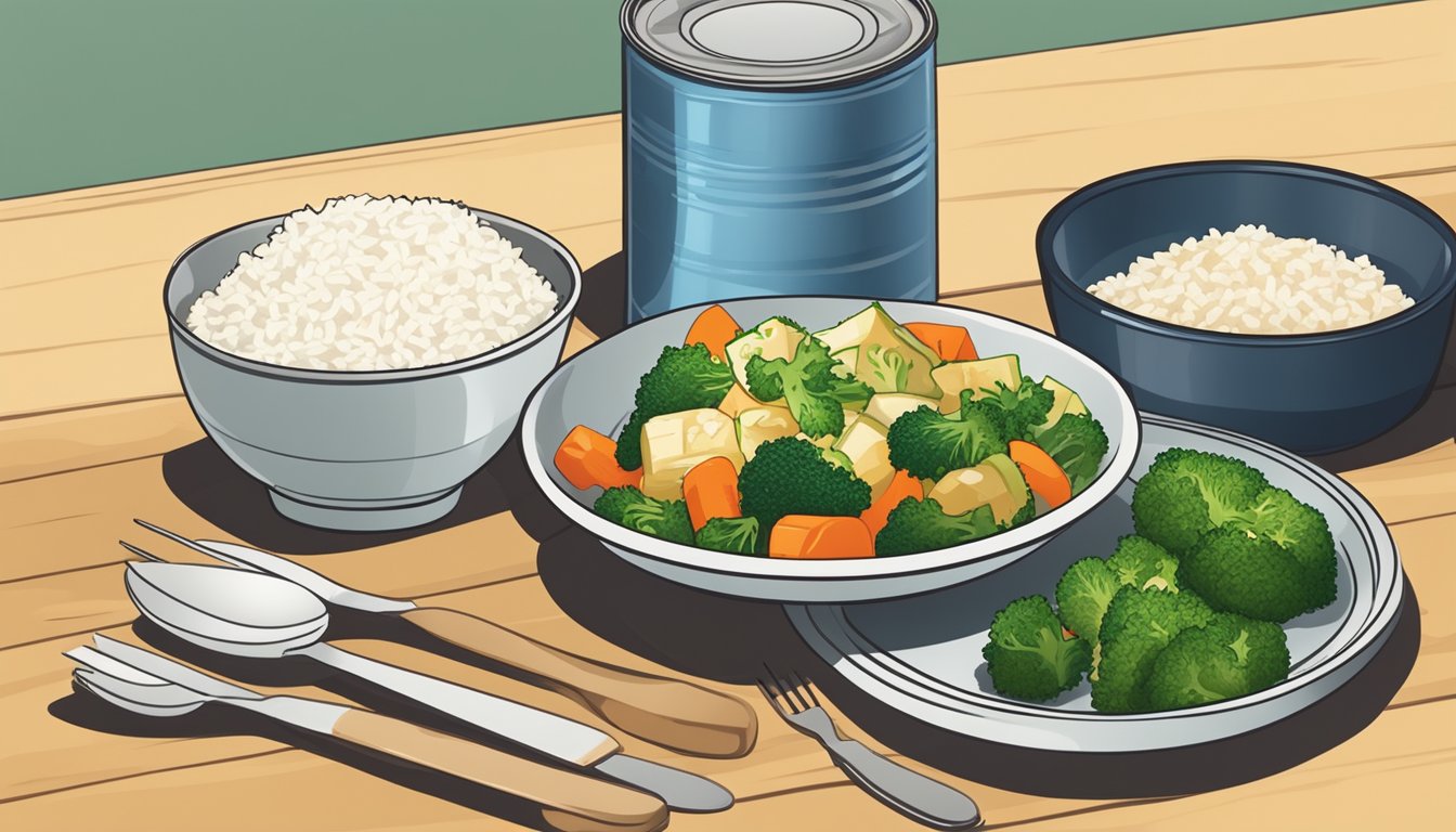 A plate of steamed vegetables and a bowl of seasoned rice sit next to a can of cod, ready to be served as complementing side dishes