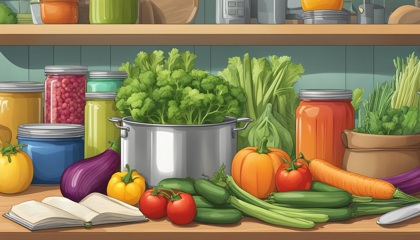 A colorful array of fresh, canned vegetables arranged on a kitchen counter, surrounded by recipe books and cooking utensils