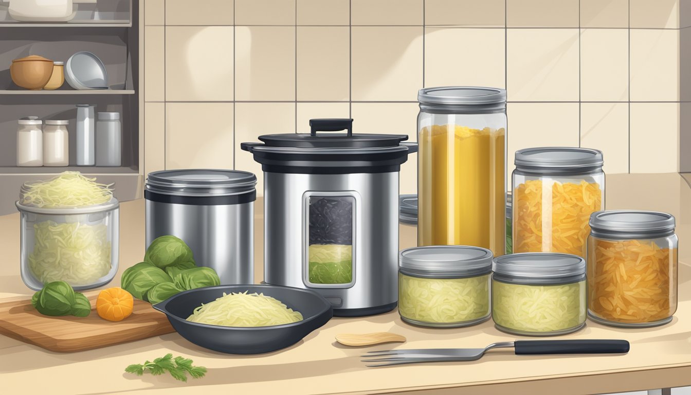 A kitchen counter with open cans of sauerkraut, a mixing bowl, and various cooking utensils