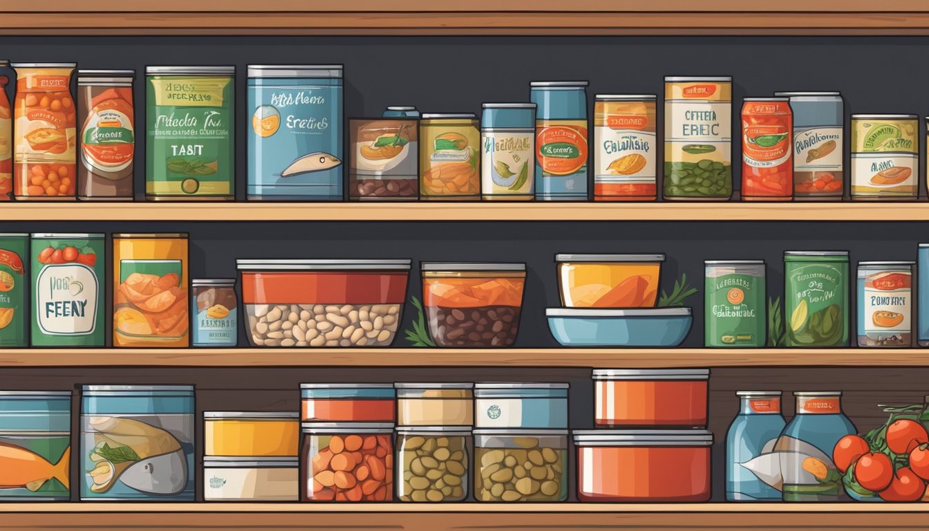 A pantry shelf stocked with various canned fish, including cod, surrounded by cans of tomatoes, beans, and other ingredients for Lenten Friday meals