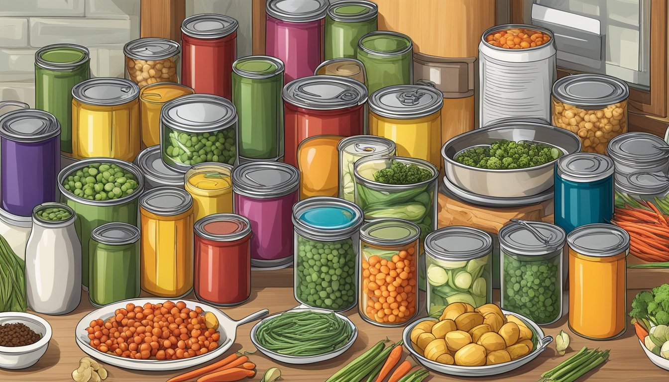 A colorful array of canned vegetables arranged on a kitchen counter, surrounded by recipe books and cooking utensils