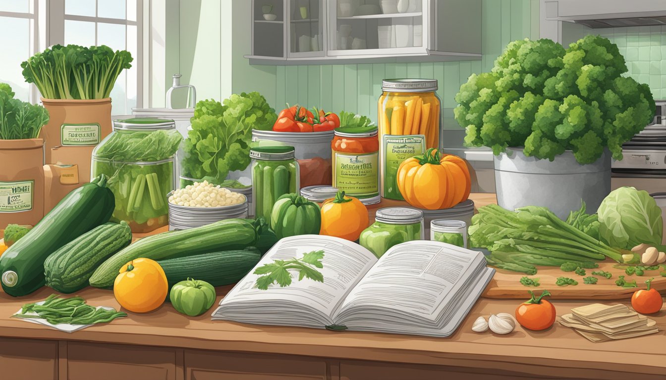 A kitchen counter with a variety of Green Giant canned vegetables, surrounded by cookbooks and recipe cards