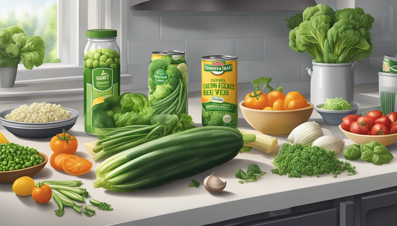 A kitchen counter with open cans of green giant vegetables, surrounded by various ingredients and cooking utensils