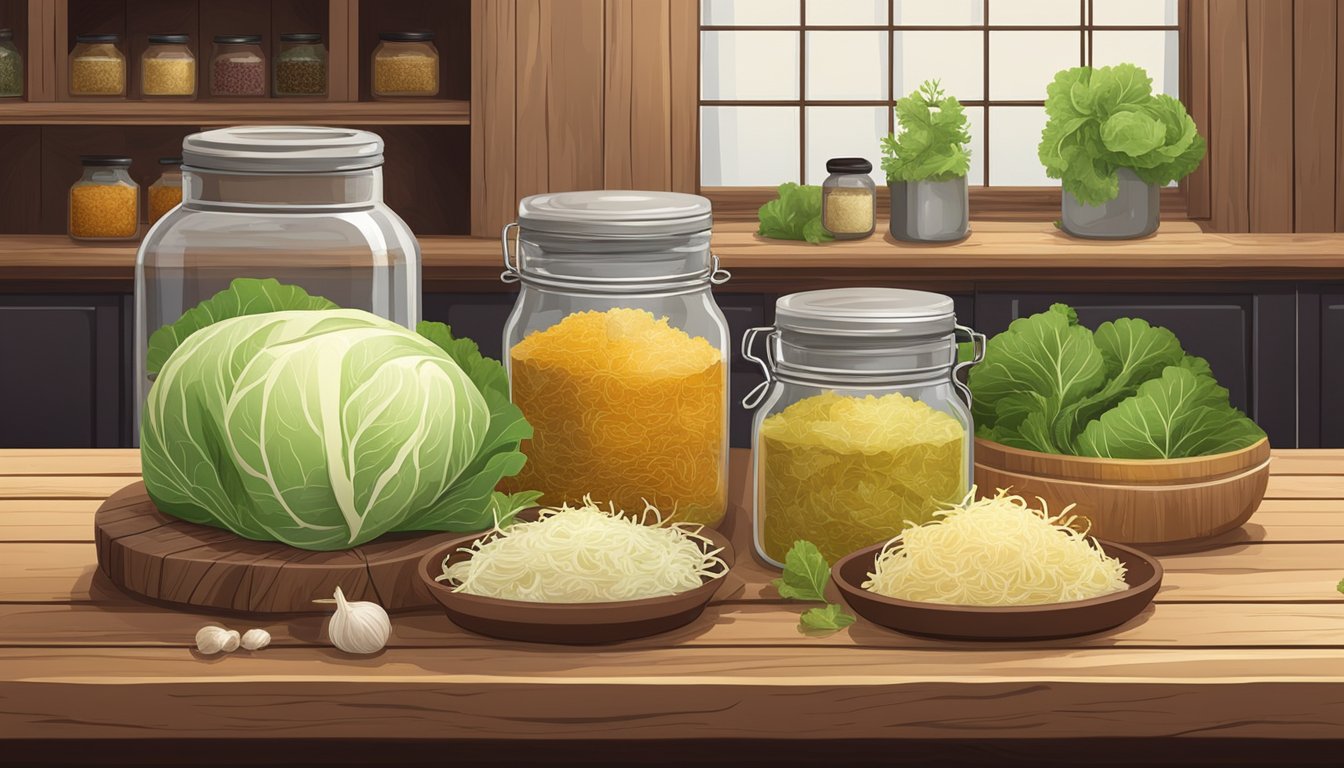 A rustic kitchen with jars of sauerkraut, fresh cabbage, and traditional German spices laid out on a wooden table