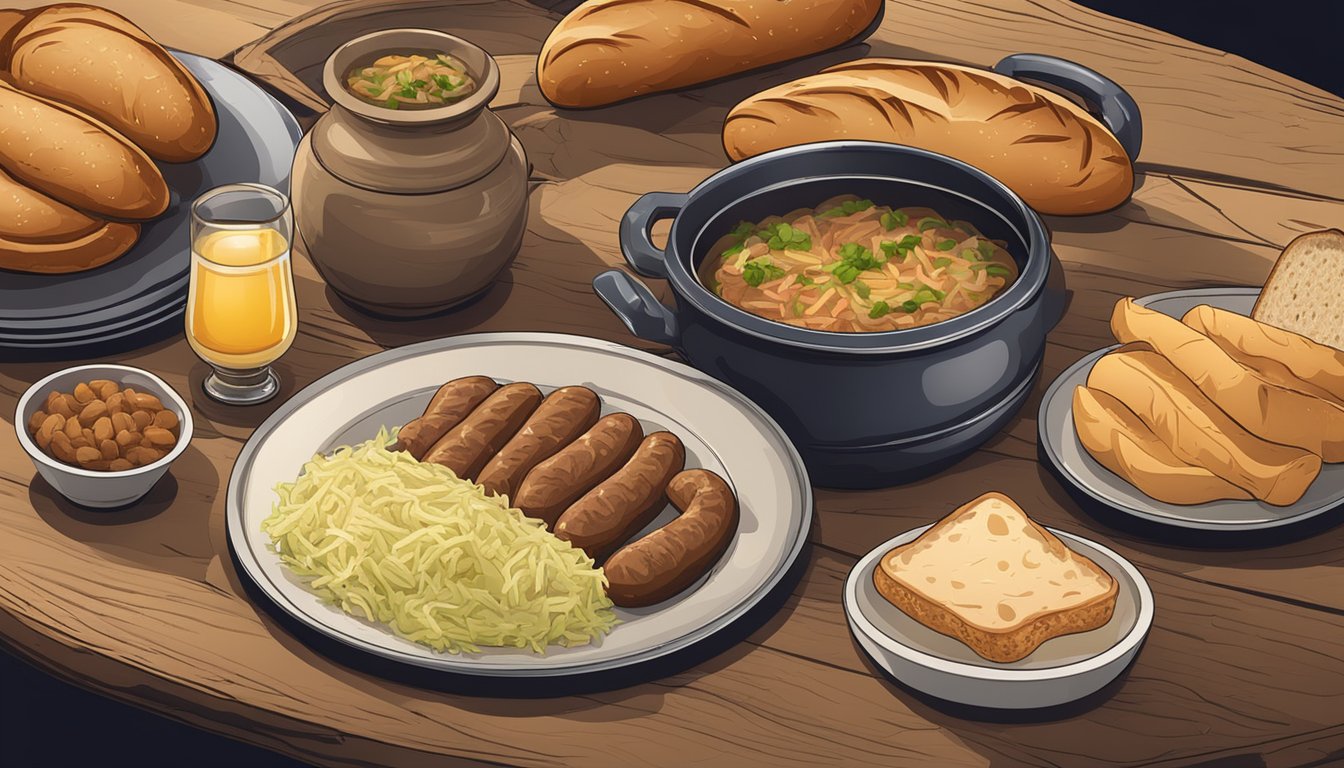 A rustic wooden table set with a steaming pot of sauerkraut, a platter of bratwurst, and a side of warm, crusty bread