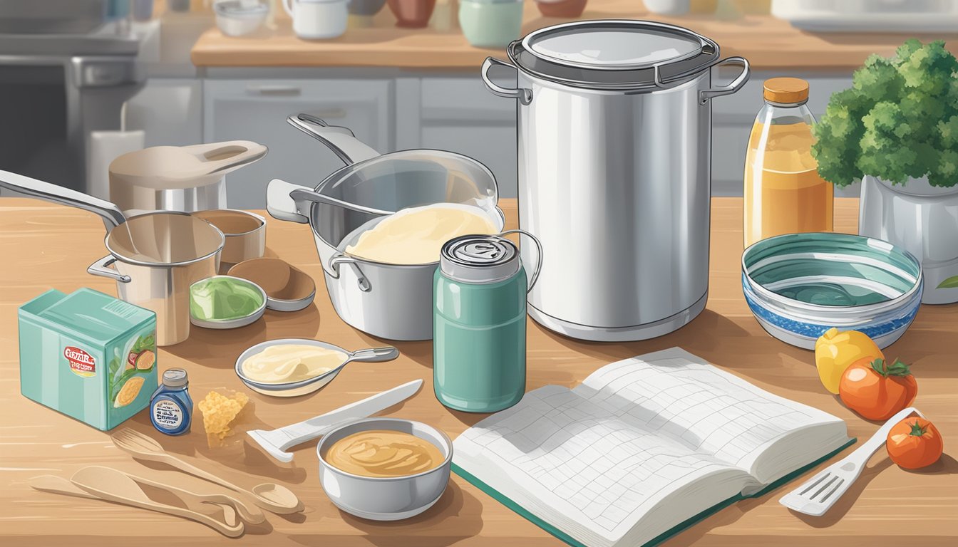 A kitchen counter with a can of carnation evaporated milk surrounded by various cooking utensils and ingredients, with a recipe book open to a page on innovative uses for the product