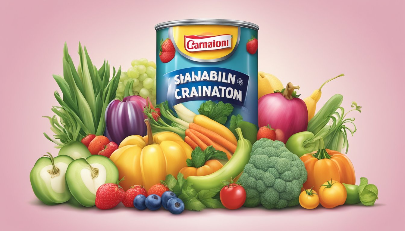 A colorful array of fruits and vegetables arranged around a can of Carnation evaporated milk, showcasing its versatility in creating nutritious dishes