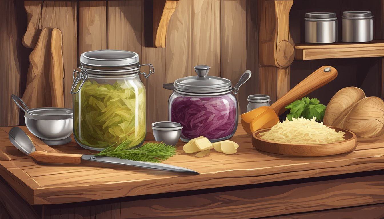 A rustic kitchen setting with a wooden table, a jar of sauerkraut, and traditional German cooking utensils like a pot, knife, and cutting board