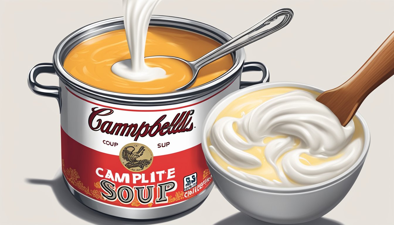 A pot of Campbell's soup being stirred with a spoon, with a dollop of cream being added to enhance its creaminess