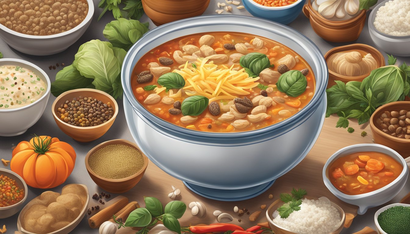 A steaming bowl of Campbell's soup surrounded by various international ingredients and spices