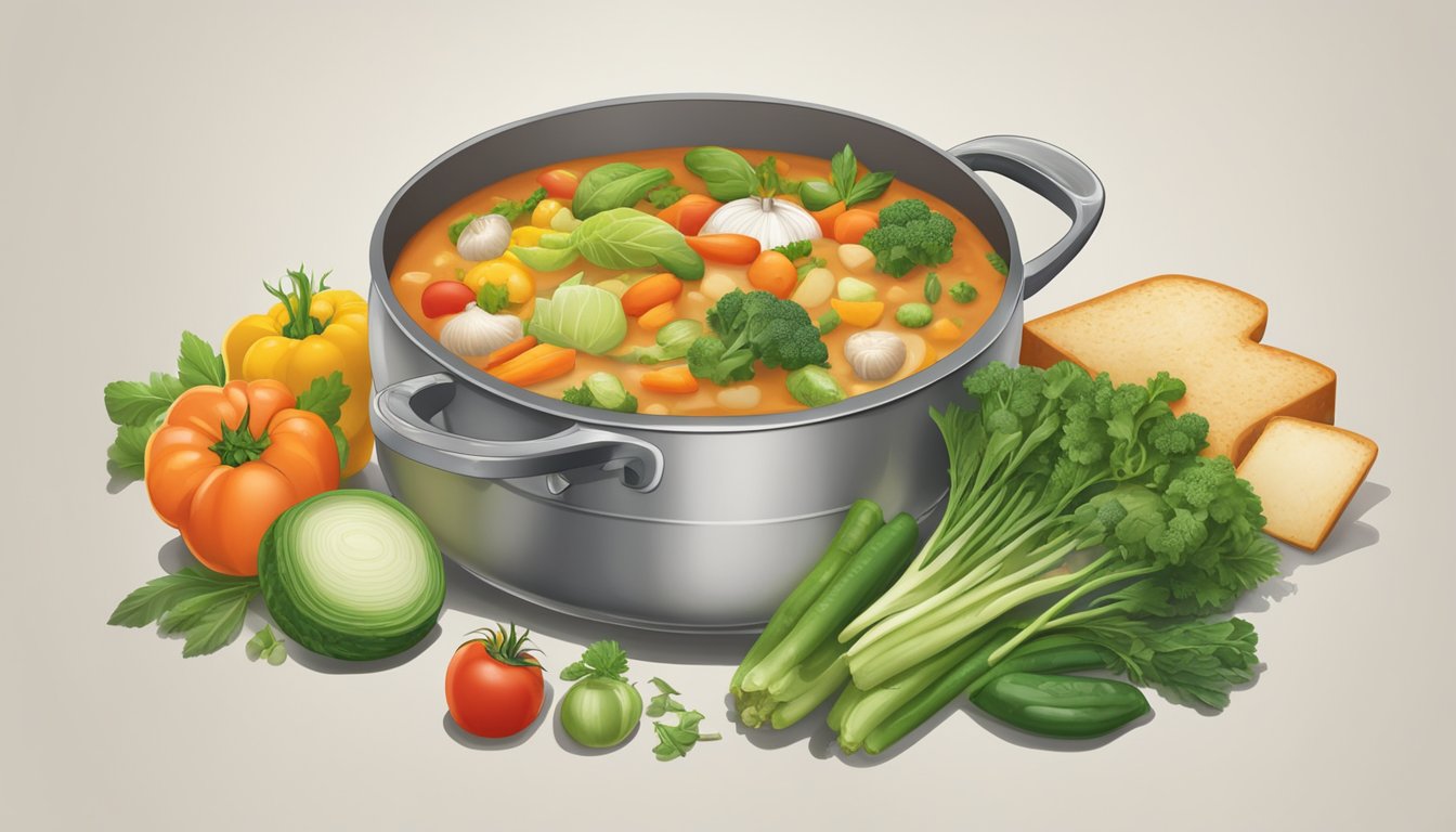 A variety of fresh vegetables and herbs surround a pot of Campbell's soup, ready to be added as healthier options