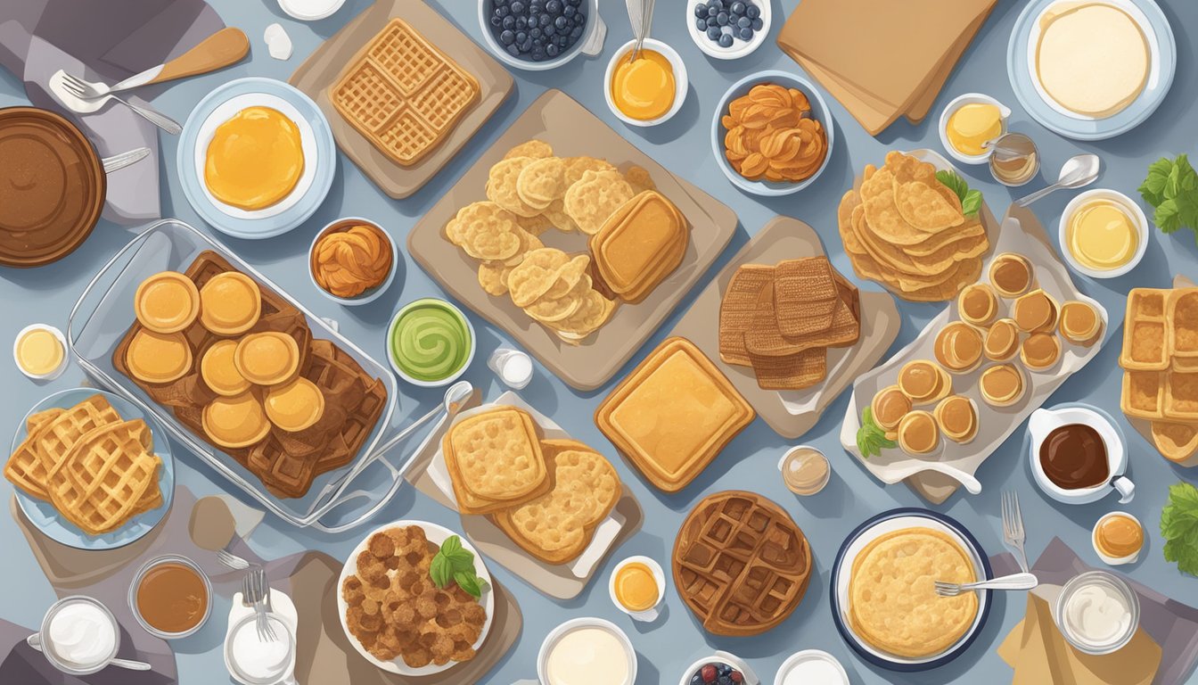 A table spread with various dishes made using Bisquick baking mix, including biscuits, pancakes, waffles, and other creative side dishes