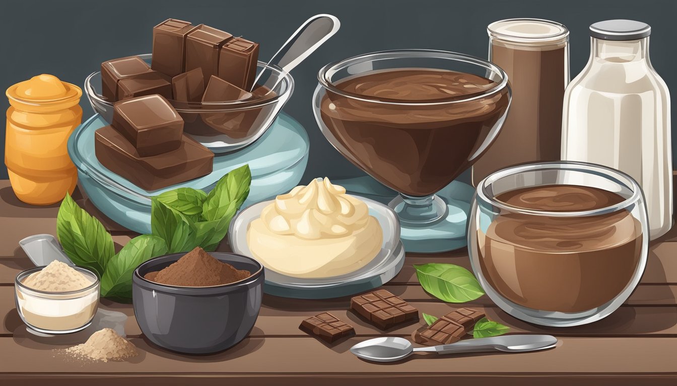 A kitchen counter with various ingredients and utensils for making advanced cocoa desserts