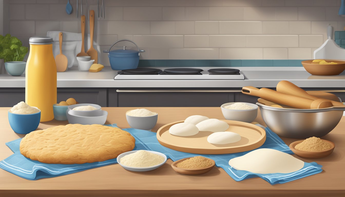 A kitchen counter with open Pillsbury biscuit dough, a rolling pin, and various ingredients for easy meal preparation