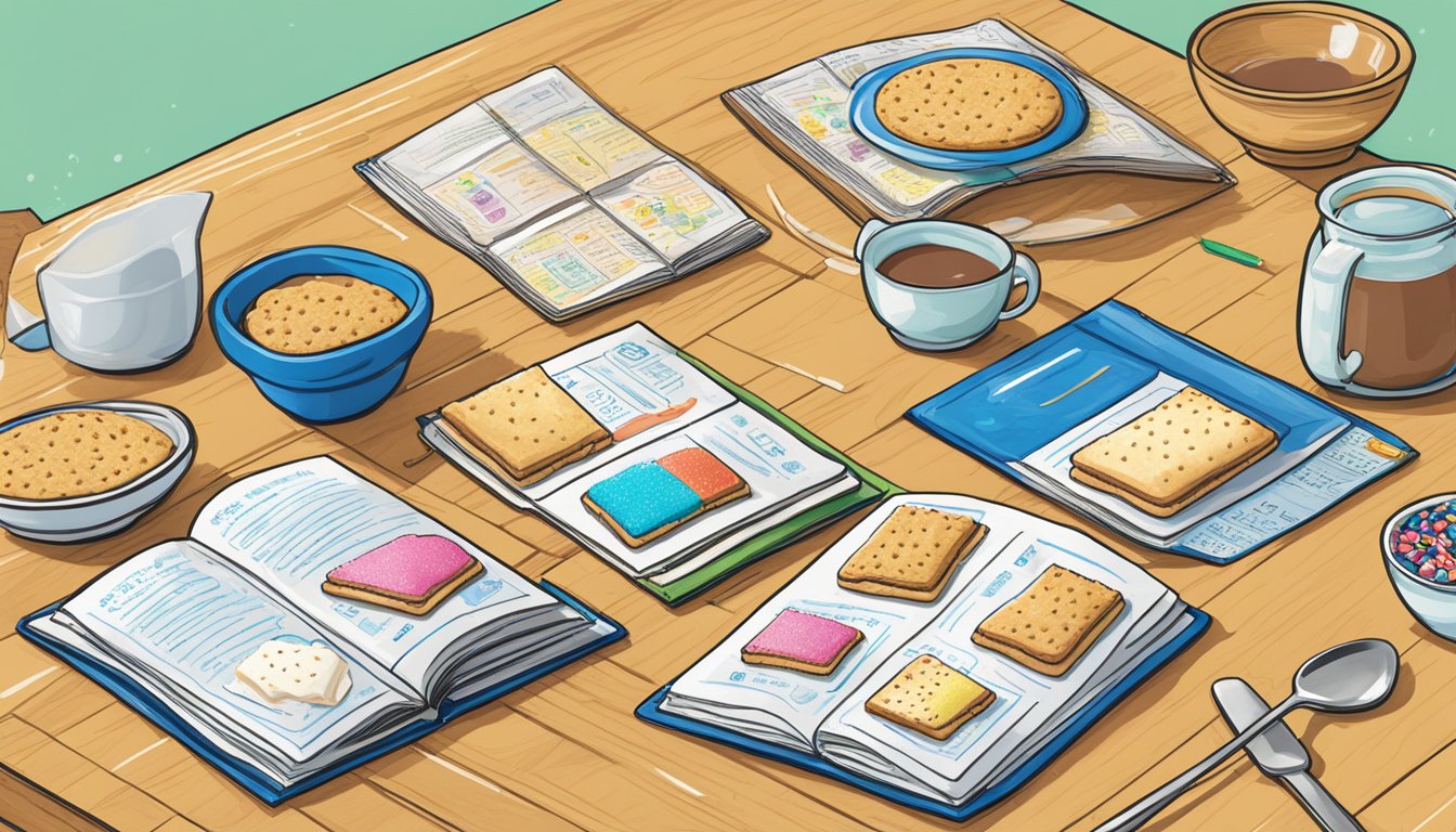 A kitchen counter with a variety of Pop-Tarts flavors and a recipe book open to a page on Kellogg's Pop-Tart dessert recipes