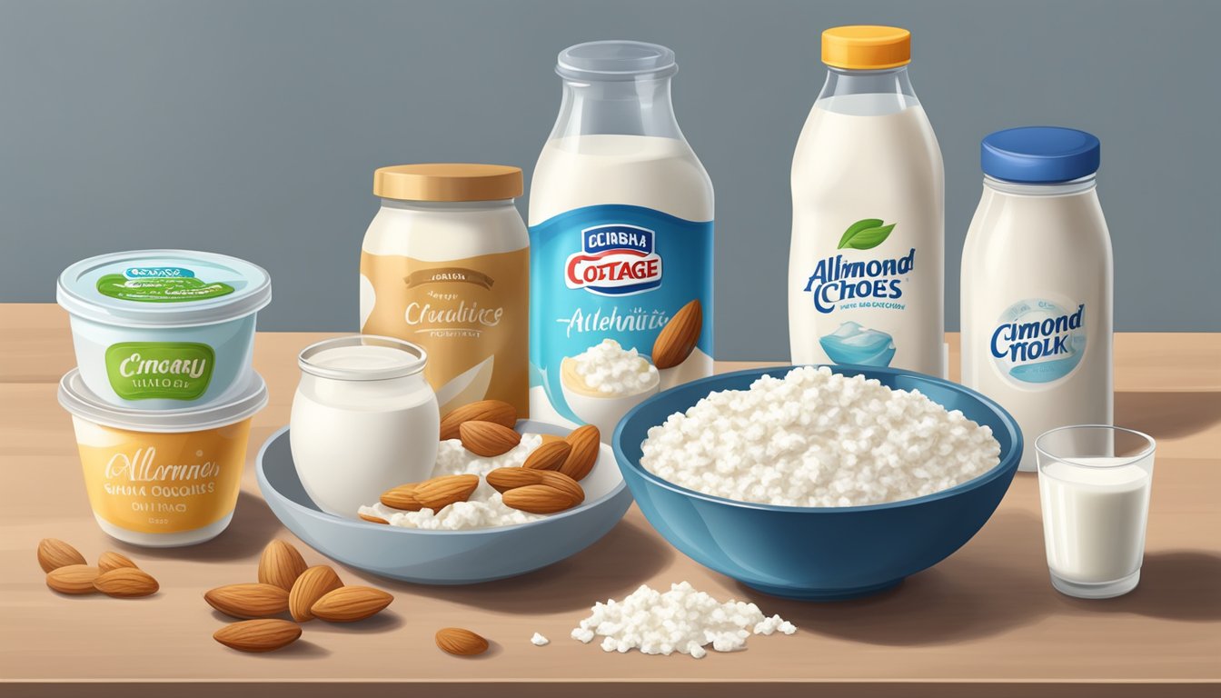 A bowl of cottage cheese next to alternative dairy products like almond milk and coconut yogurt on a kitchen counter