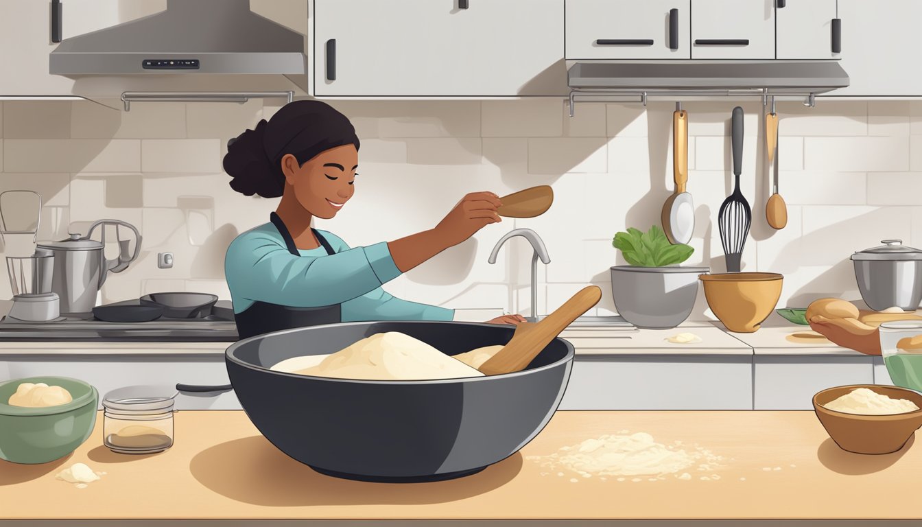 A person mixing dough ingredients in a bowl on a kitchen counter