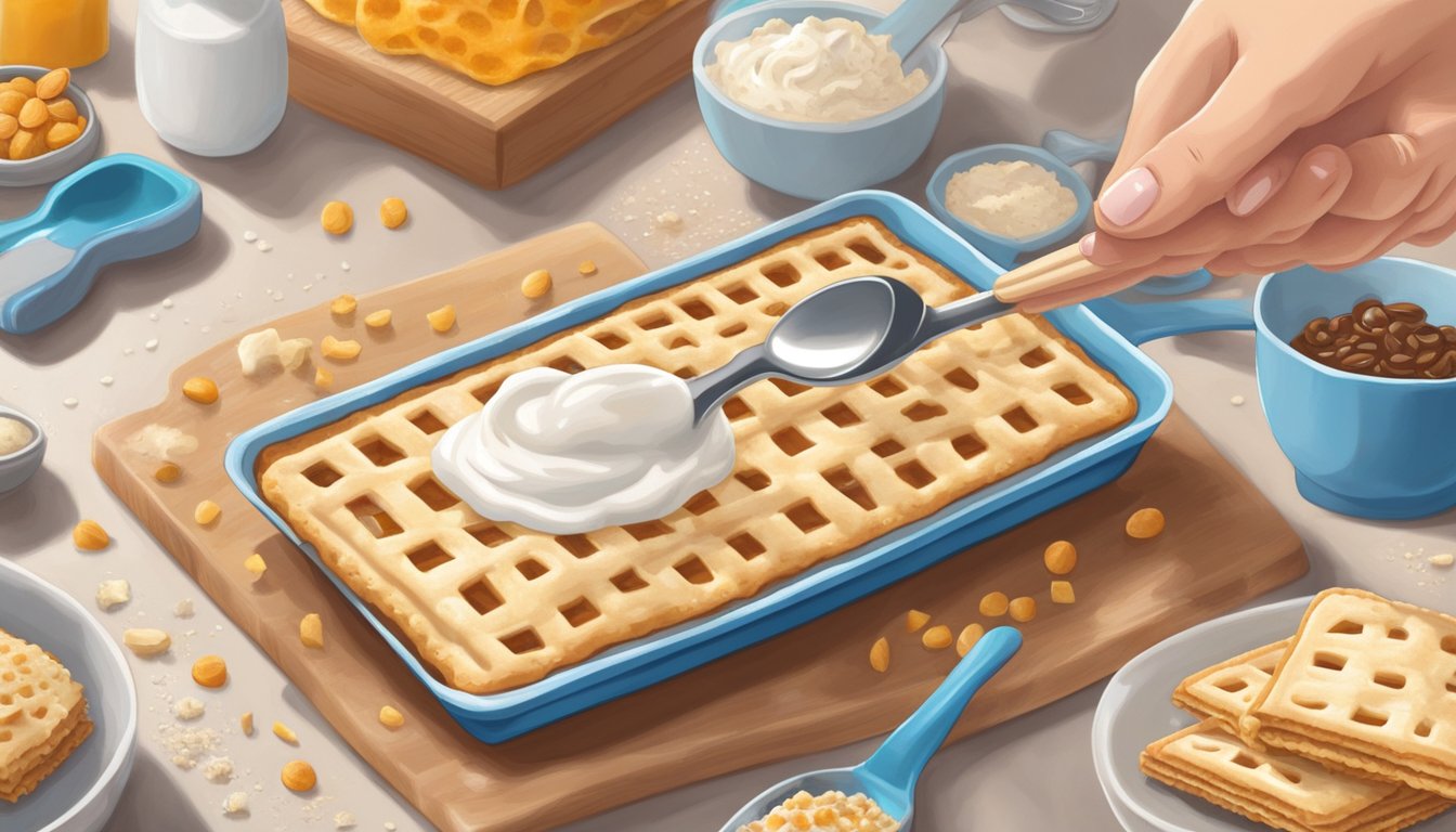 A hand holding a spoon fills a Kellogg's Pop Tart with creamy filling, surrounded by ingredients and kitchen utensils on a countertop