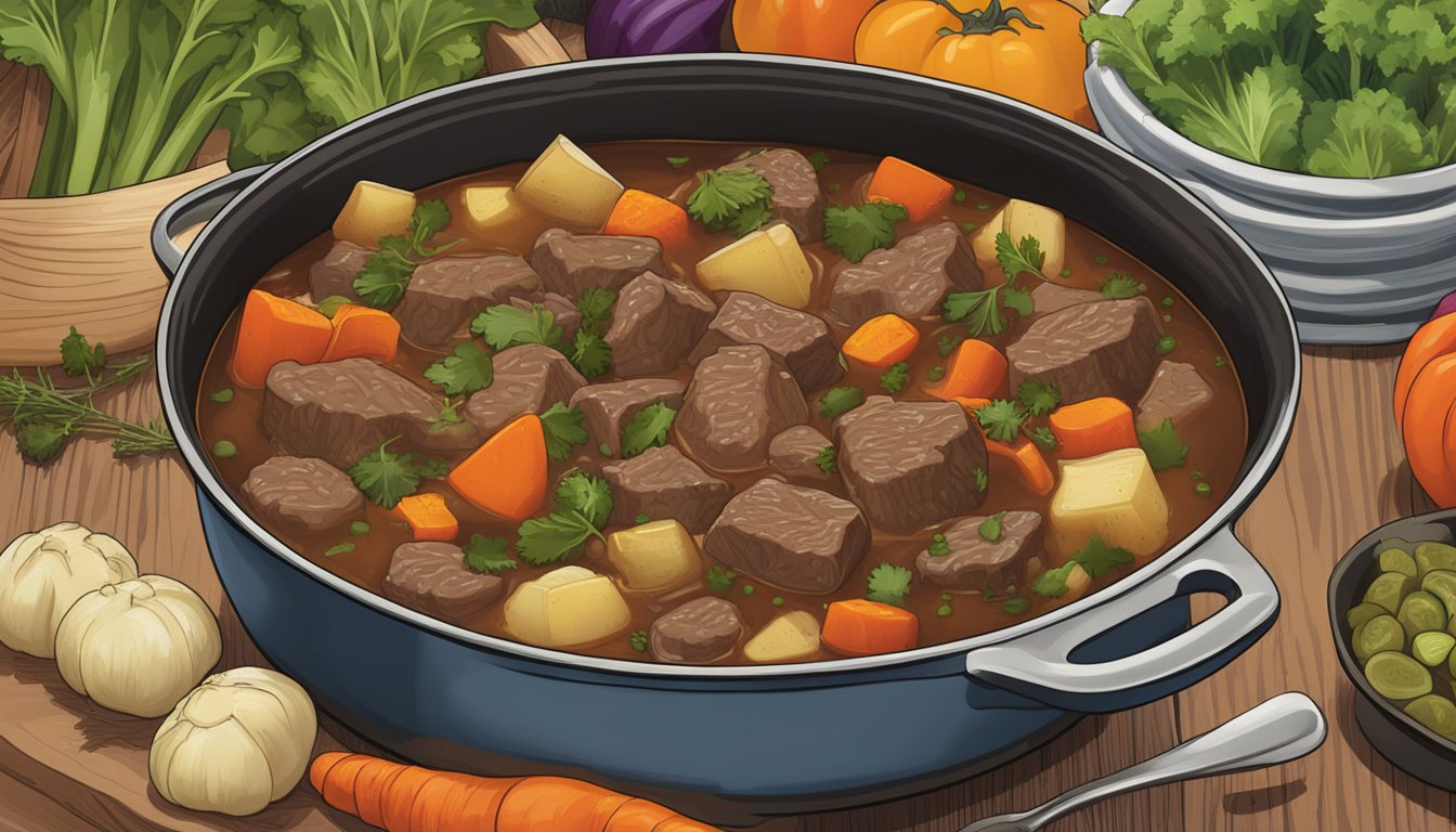 A pot of Dinty Moore beef stew simmering on a stovetop, surrounded by fresh vegetables and herbs