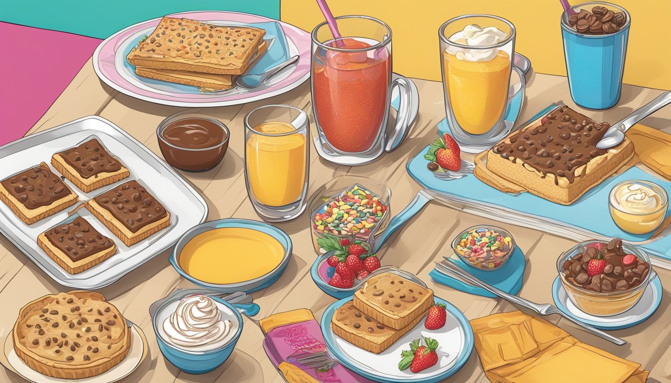 A table set with a variety of Kellogg's Pop Tart dessert recipes, including different flavors and toppings, with serving utensils and plates nearby