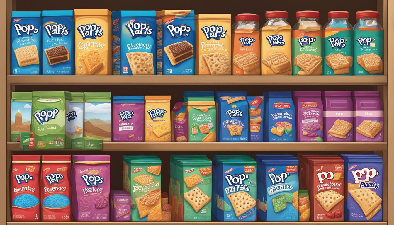 A pantry shelf filled with neatly organized boxes of Kellogg's Pop-Tarts, surrounded by jars of preserves and recipe books