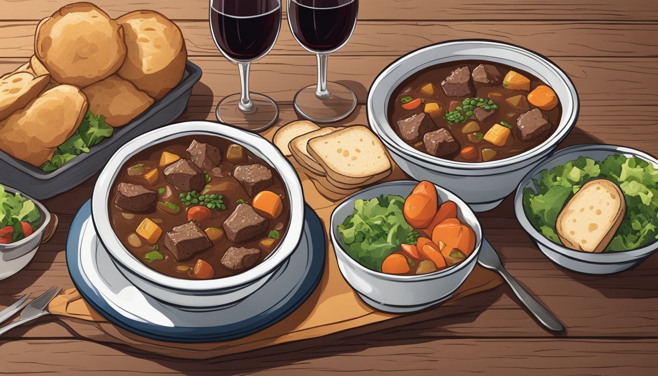 A steaming bowl of Dinty Moore beef stew surrounded by fresh bread, a side salad, and a glass of red wine on a rustic wooden table