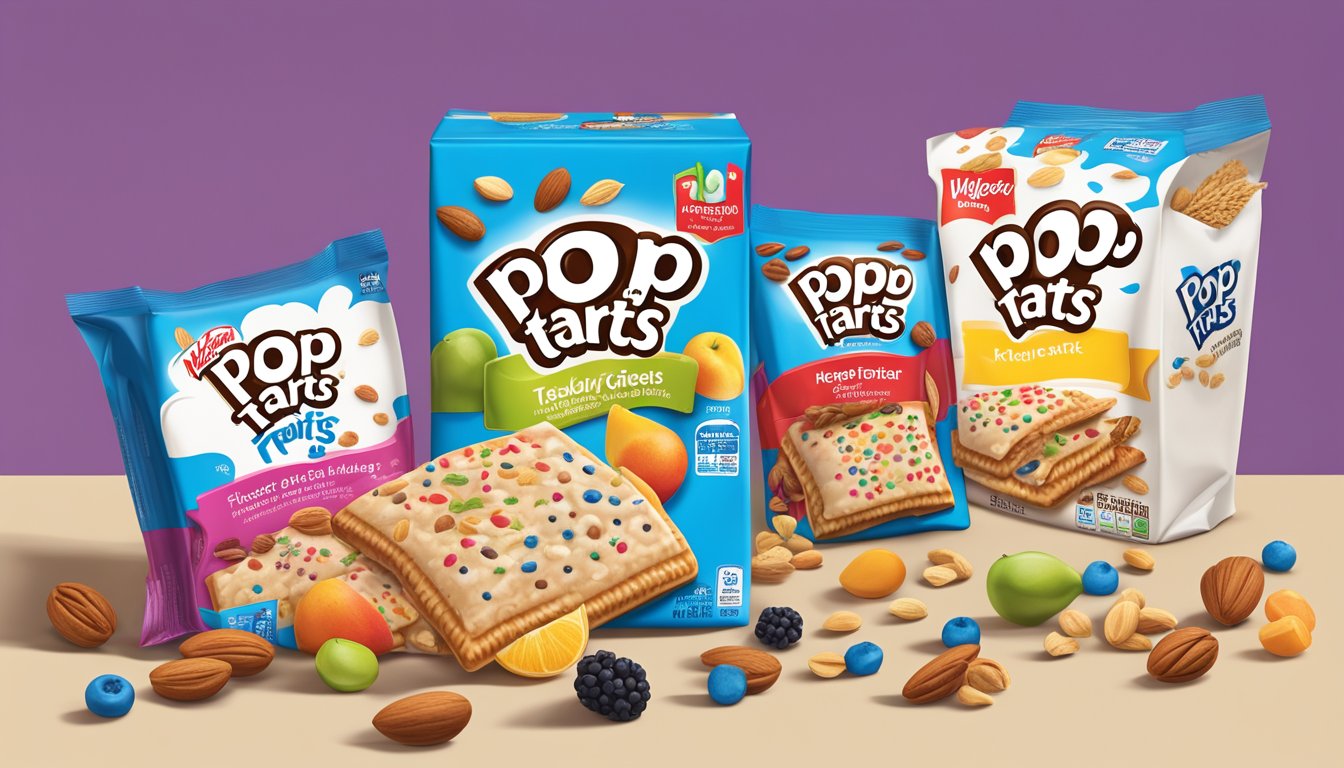 A colorful array of fruits, nuts, and whole grains surround a box of Kellogg's Pop Tarts, with a nutrition label prominently displayed