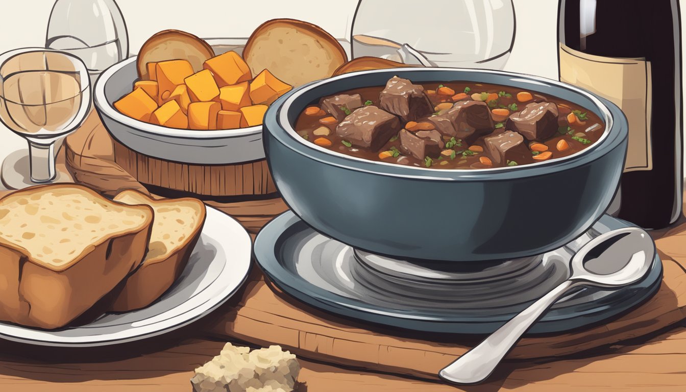 A steaming bowl of Dinty Moore beef stew sits beside a crusty loaf of bread, a wedge of sharp cheddar, and a glass of red wine