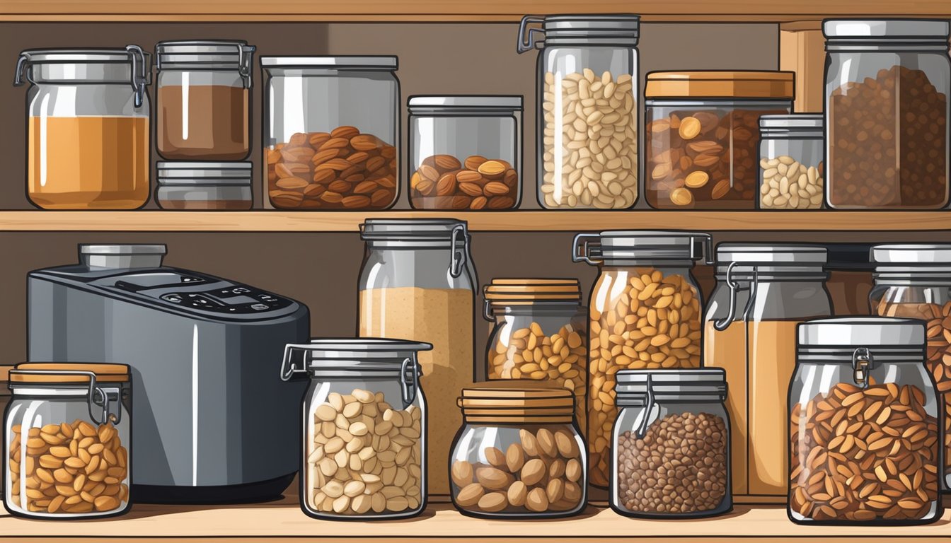 A variety of nuts, including almonds, cashews, and peanuts, are displayed next to a food processor. Jars of homemade nut butter line the shelves in a well-stocked pantry