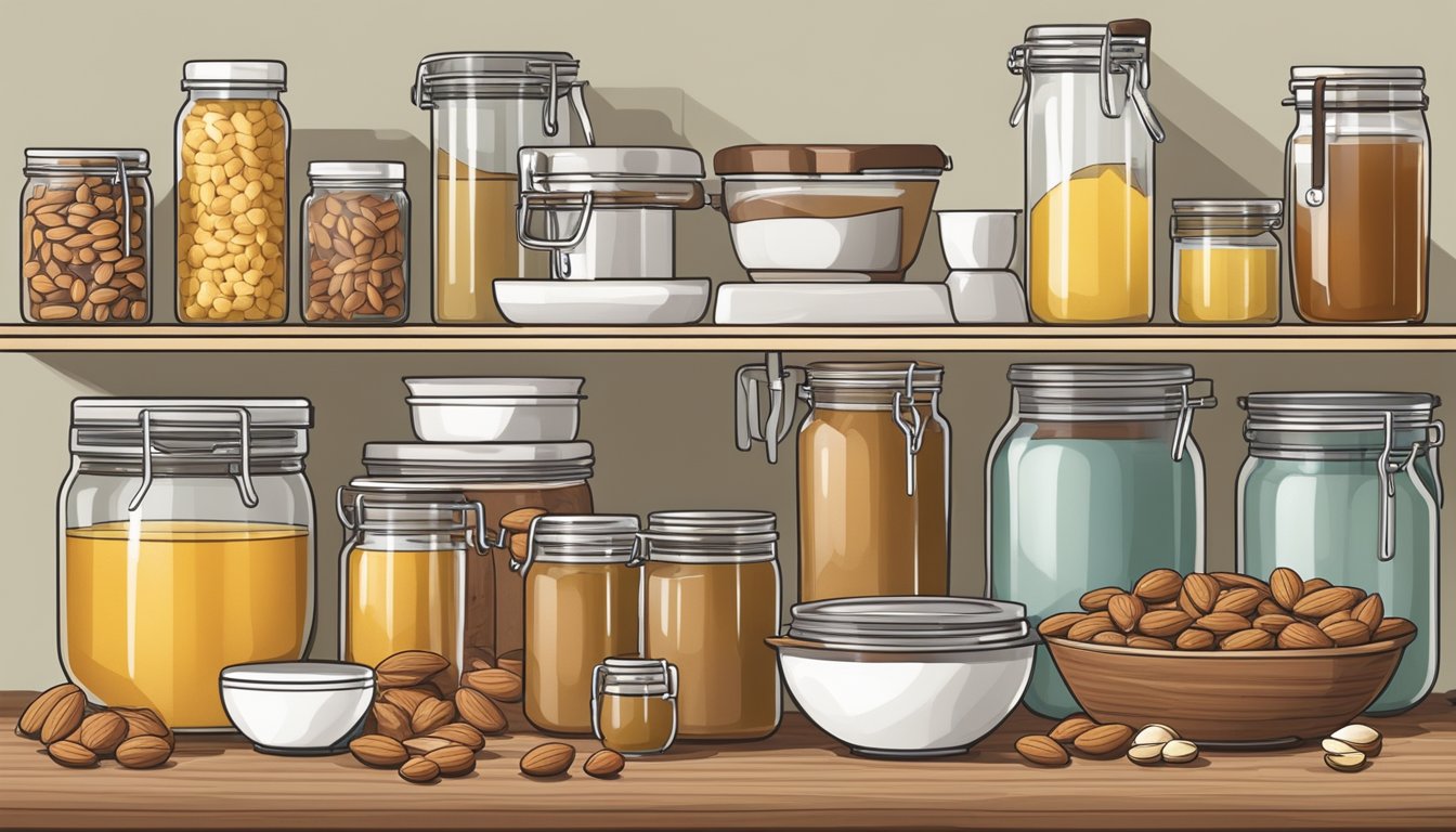 A well-stocked pantry with jars of nuts, honey, and oils, alongside a food processor and measuring cups for homemade nut butter recipes