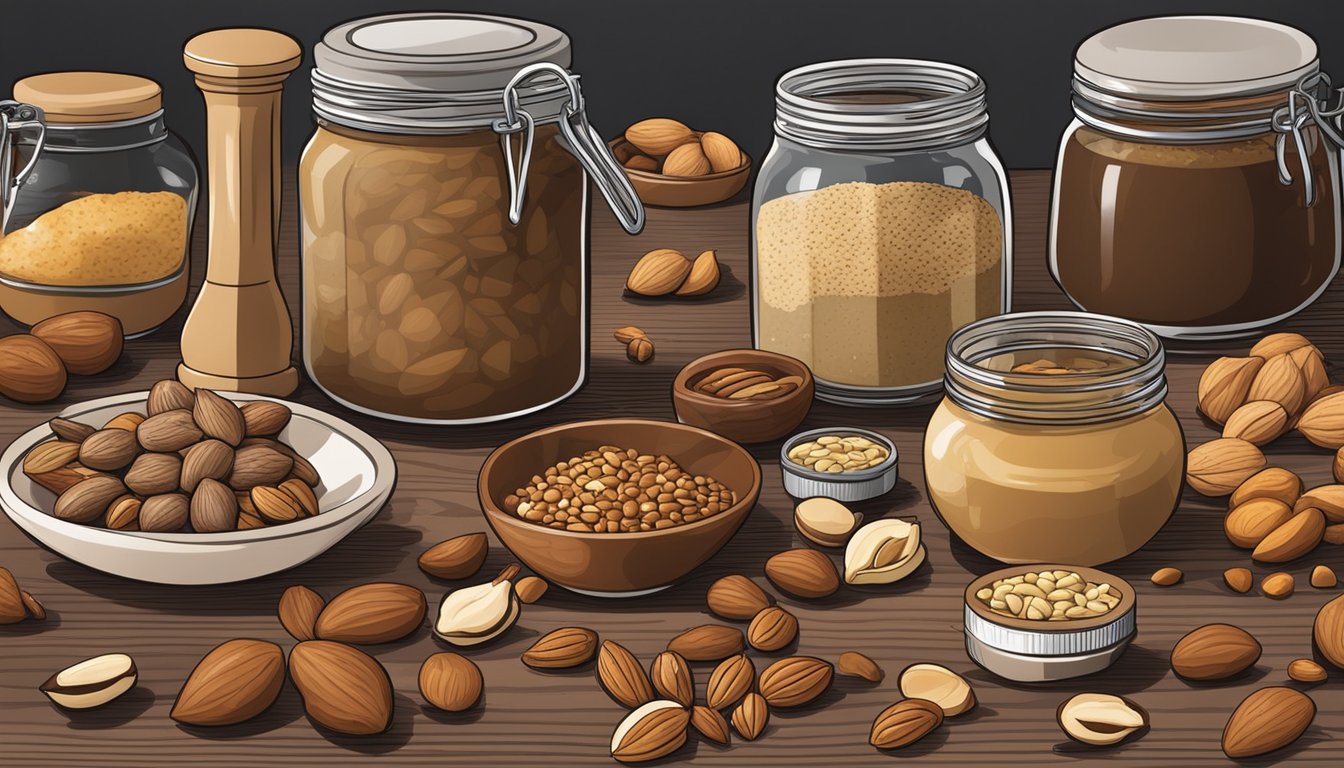 A variety of nuts and seeds arranged on a wooden table, with jars and a blender nearby for making homemade nut butter