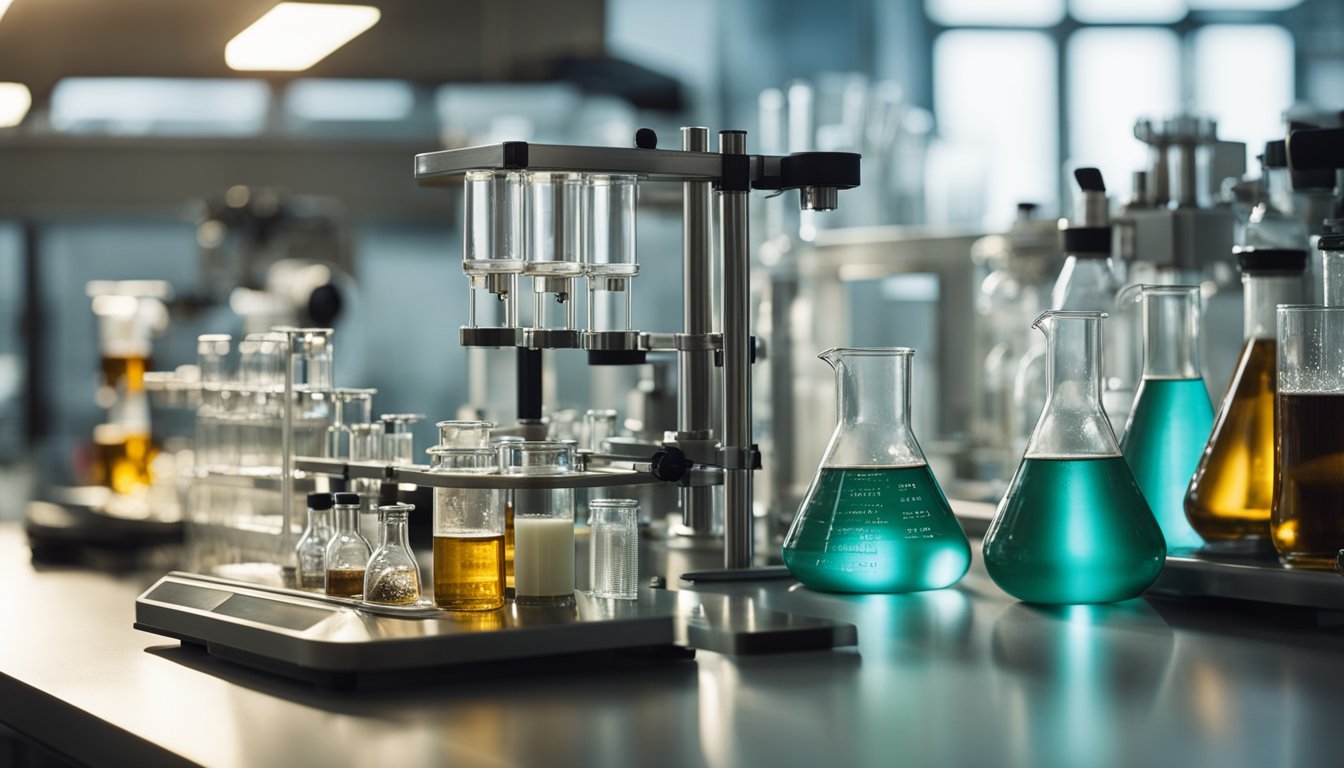 A laboratory bench with glassware and equipment for the preparation of bulk xylooligosaccharides, including beakers, flasks, and a stirring apparatus