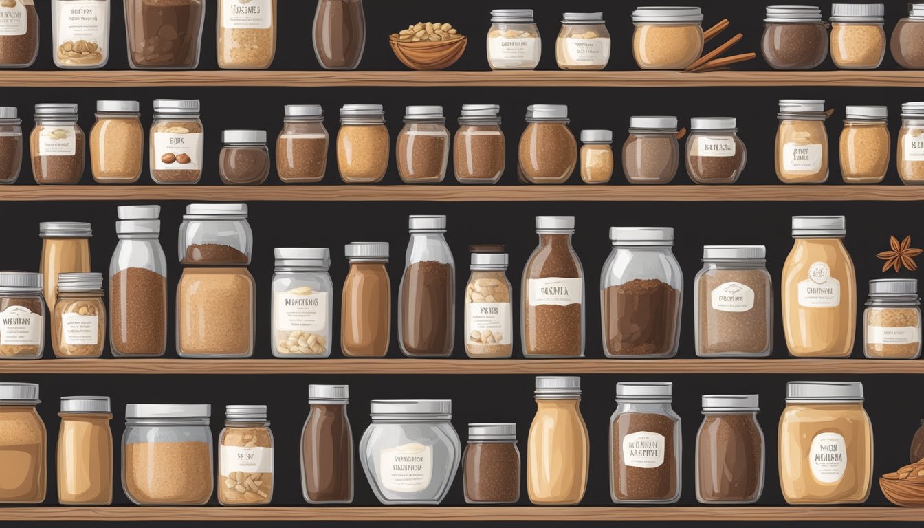 A wooden pantry shelf filled with jars of homemade nut butter, surrounded by various flavorings such as vanilla beans, cinnamon sticks, and cocoa powder