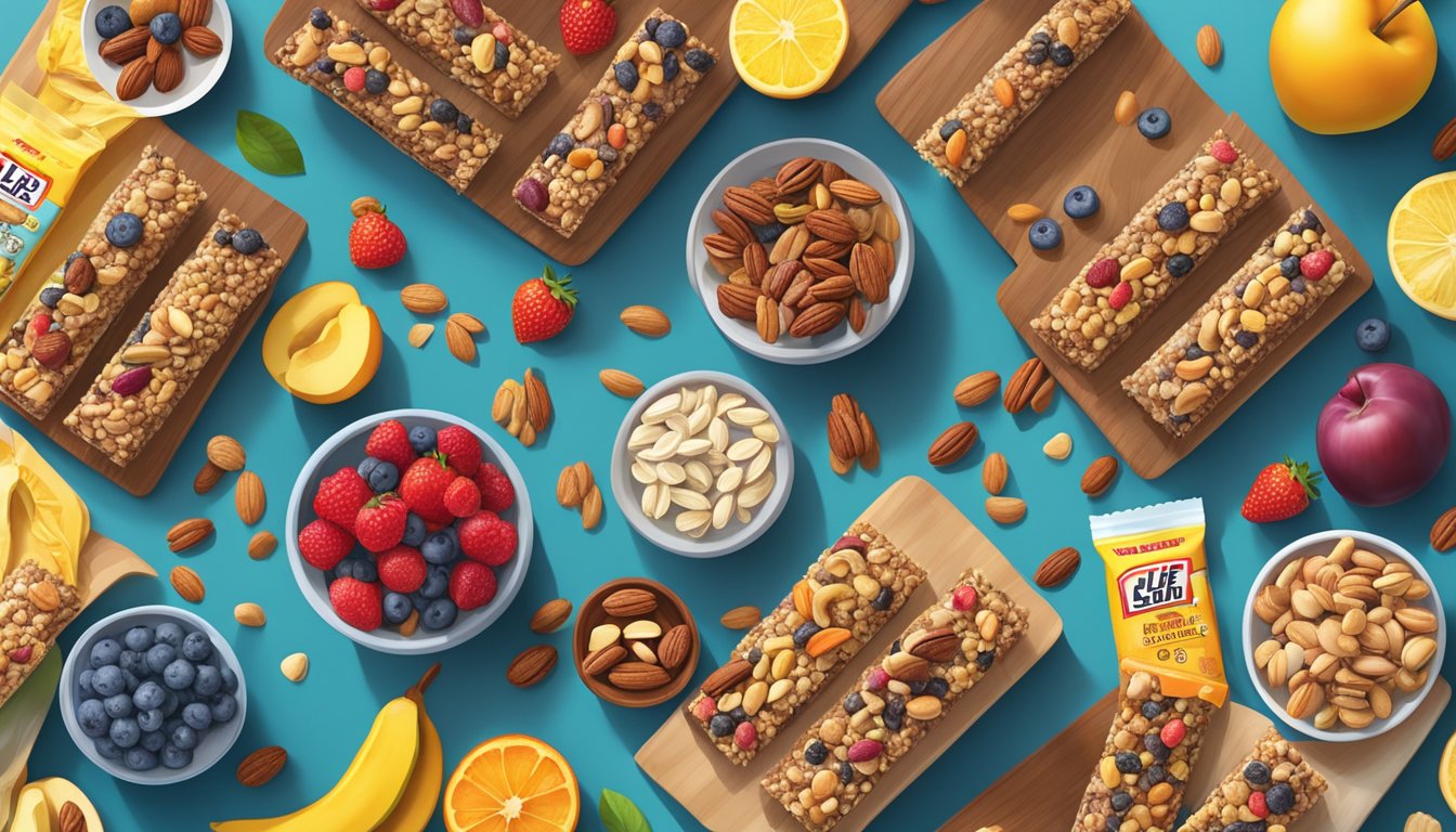 A kitchen counter with a variety of colorful and delicious-looking dishes made with Clif Bar energy bars, surrounded by fresh fruits and nuts