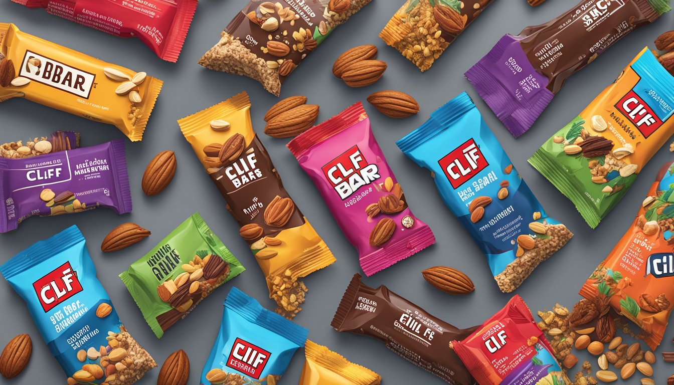 A variety of Clif Bar energy bars surrounded by vibrant, fresh ingredients like fruits, nuts, and spices, creating a visually appealing and appetizing display