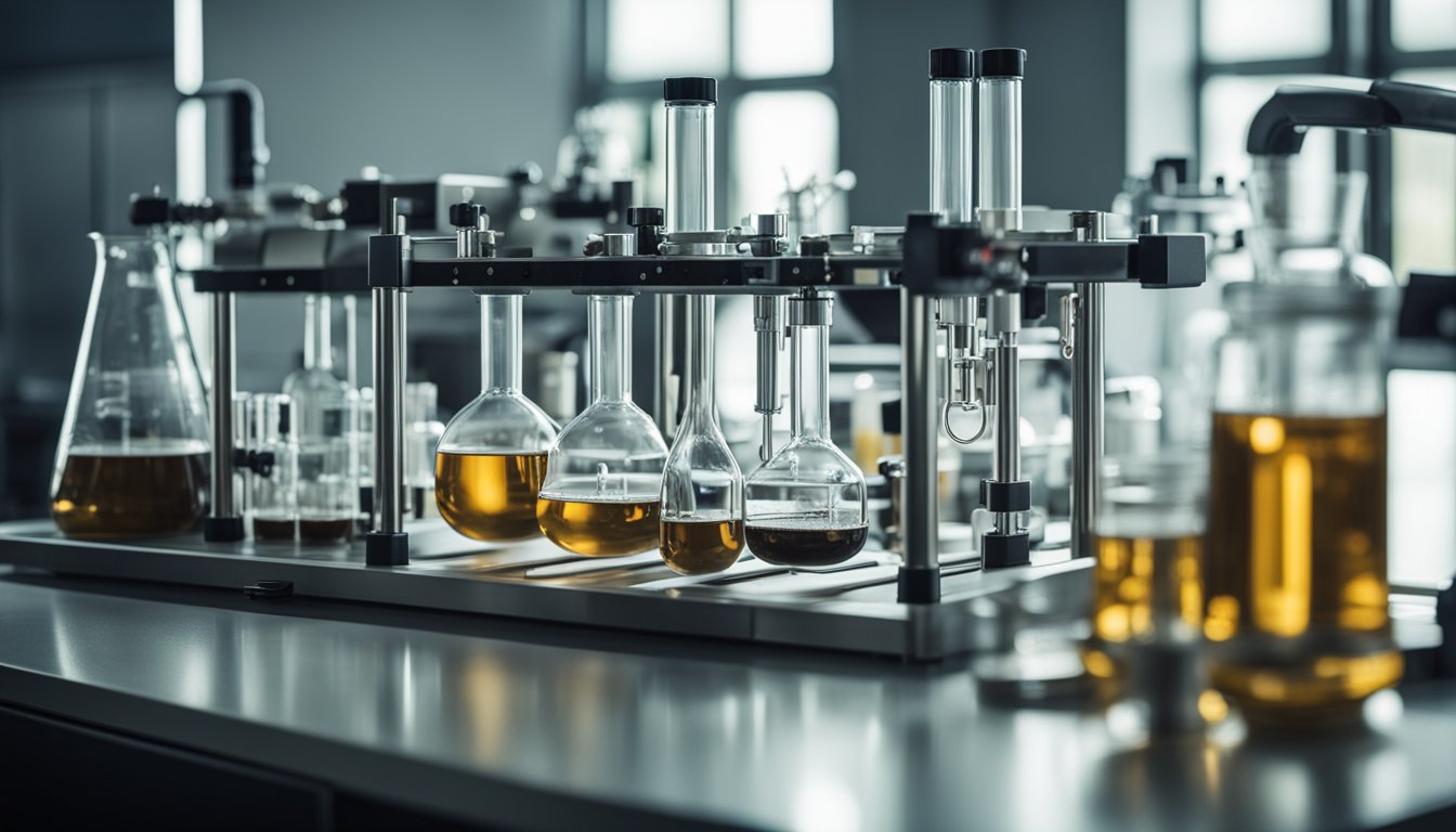 A laboratory setup with glass beakers, heating equipment, and raw material for bulk xylooligosaccharides preparation