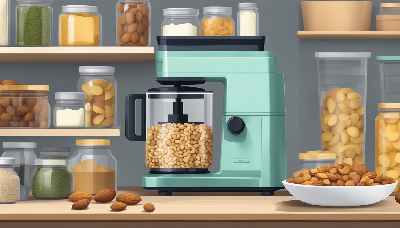 A pantry shelf with assorted nuts, jars, and a food processor on a countertop