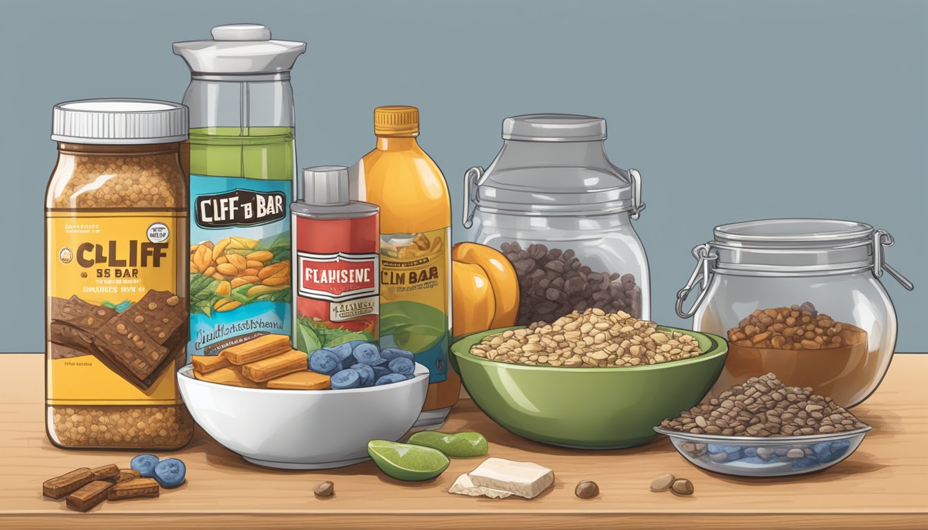 A kitchen counter with various ingredients and utensils, a mixing bowl, and a Clif Bar Energy bar wrapper