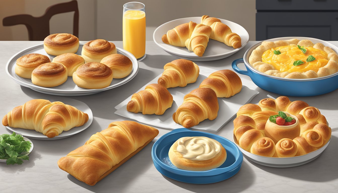 A kitchen counter with a variety of brunch dishes made from Pillsbury crescent roll dough, including stuffed pastries and savory rolls