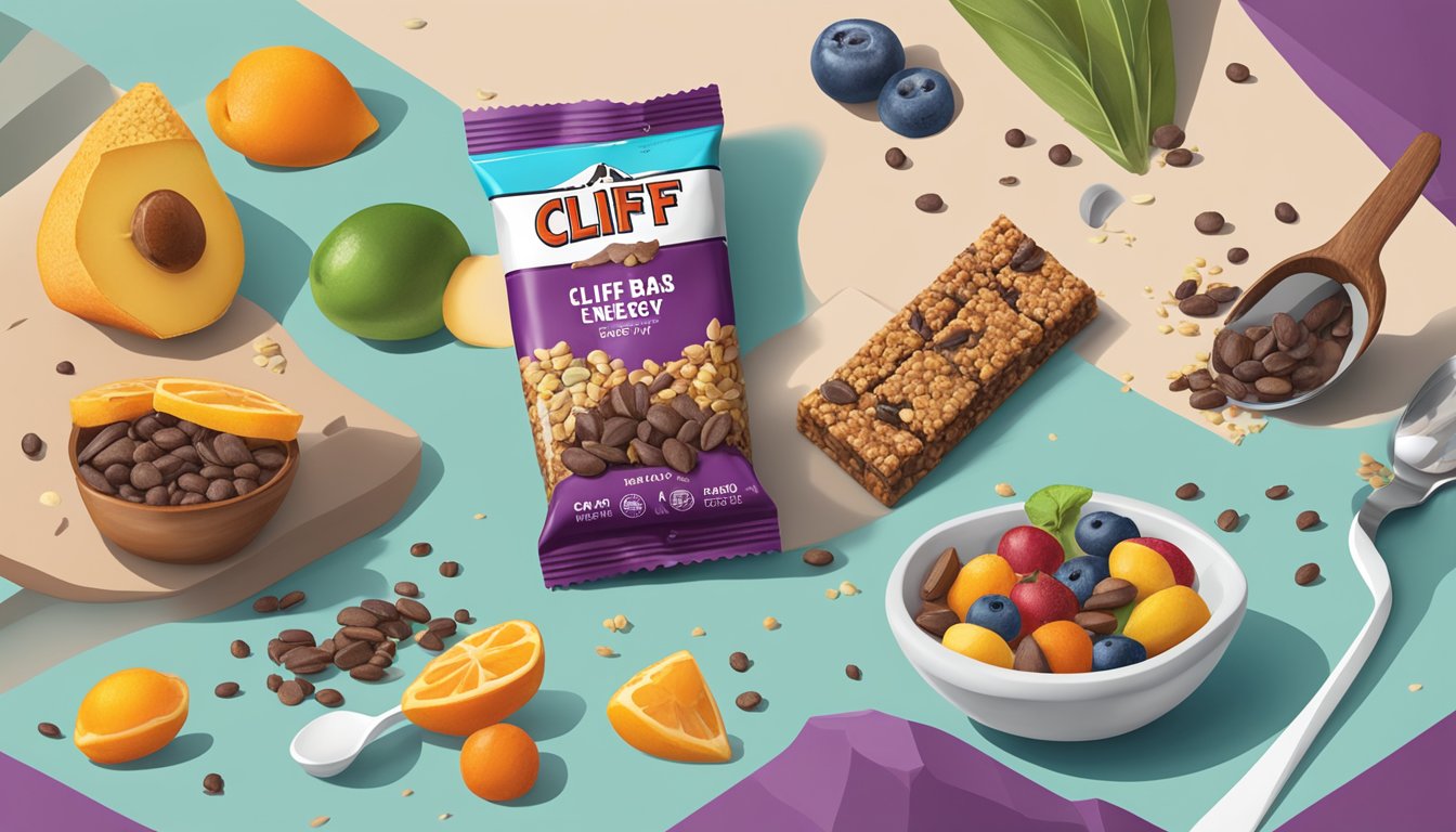 A colorful array of fresh ingredients surrounding a Clif Bar Energy Bar, with a measuring cup and spoon nearby