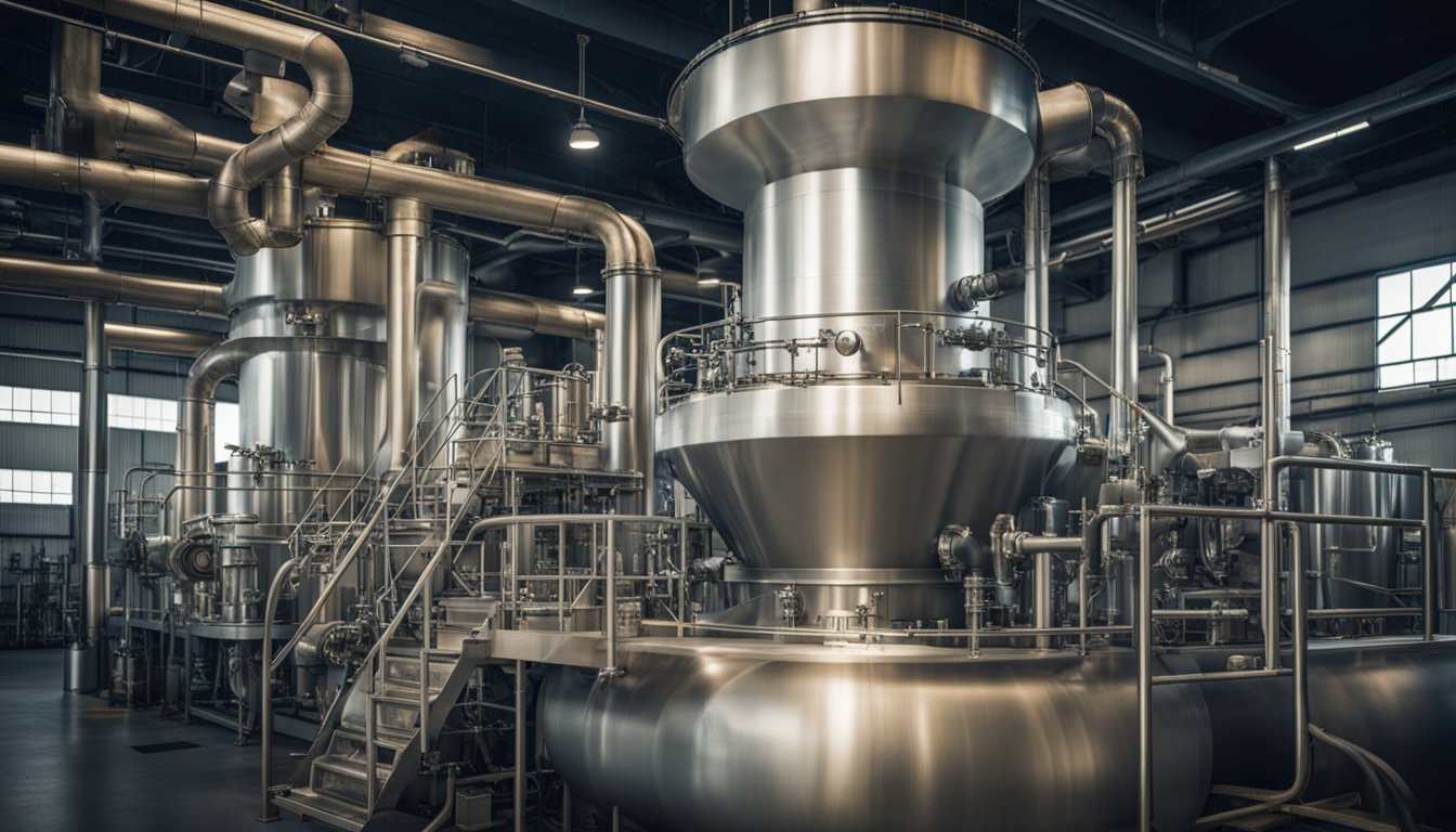 A large industrial tank is being filled with xylooligosaccharides, while steam is being pumped in through a series of pipes and valves