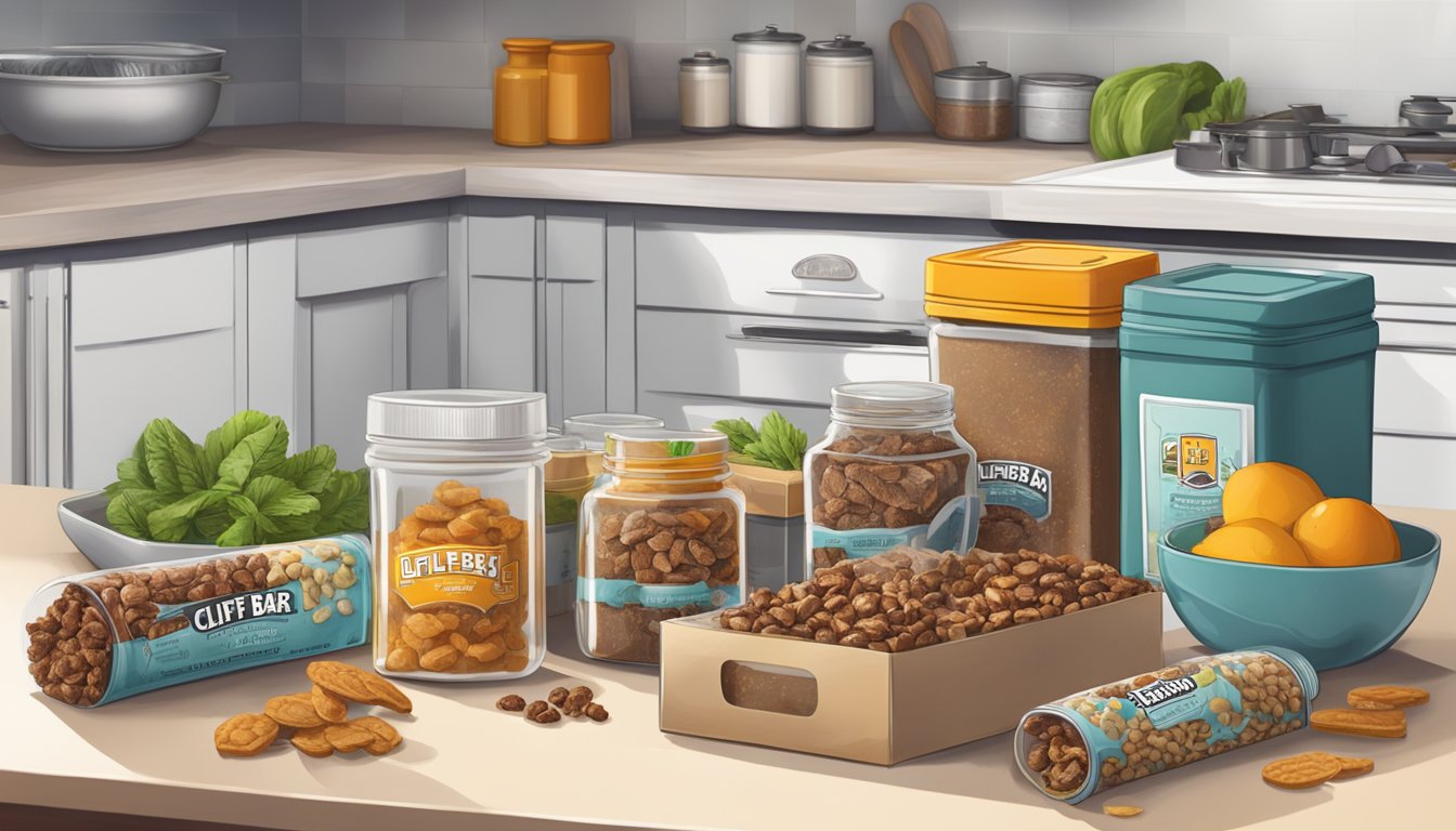 A kitchen counter with various ingredients and Clif Bar energy bars, surrounded by containers for prepping and storing tasty recipes