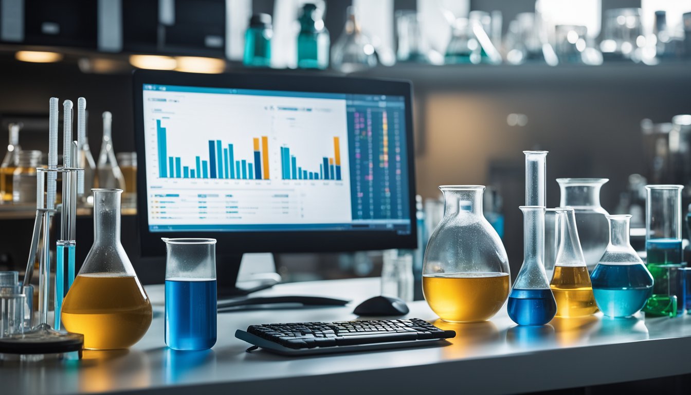 A lab bench with various glassware, beakers, and pipettes, alongside a computer displaying data charts and graphs related to xylooligosaccharides