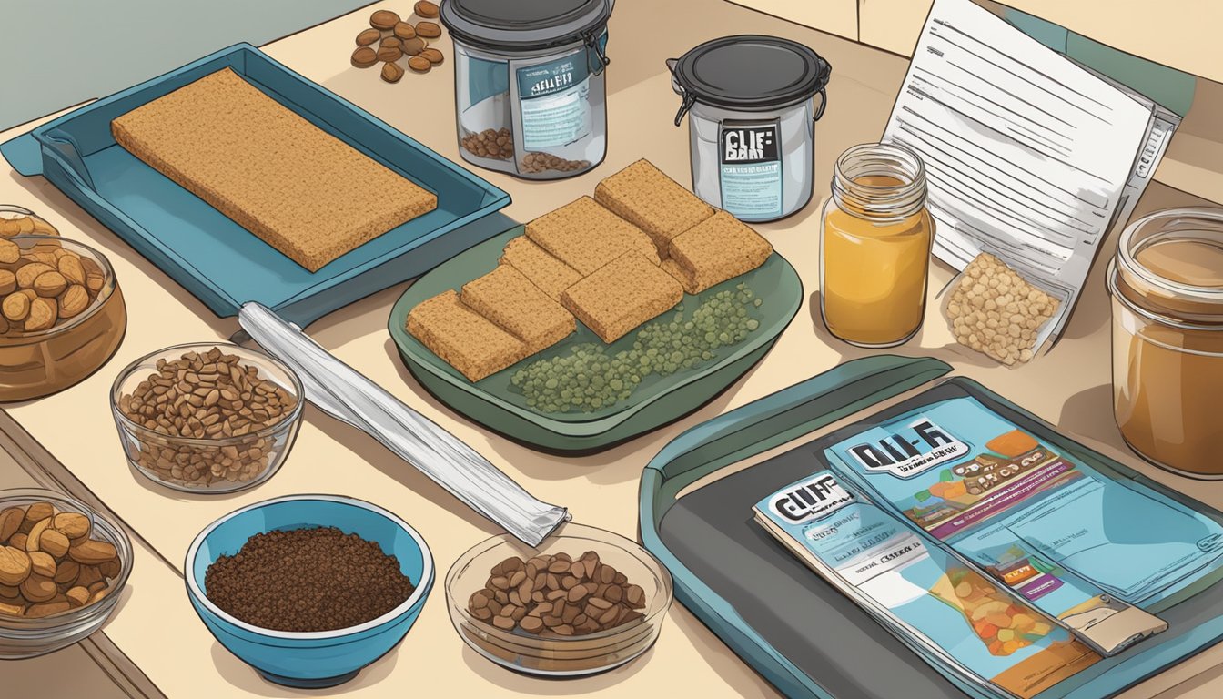 A kitchen counter with various ingredients and utensils laid out, including Clif Bar energy bars and recipe cards for copying commercial flavors