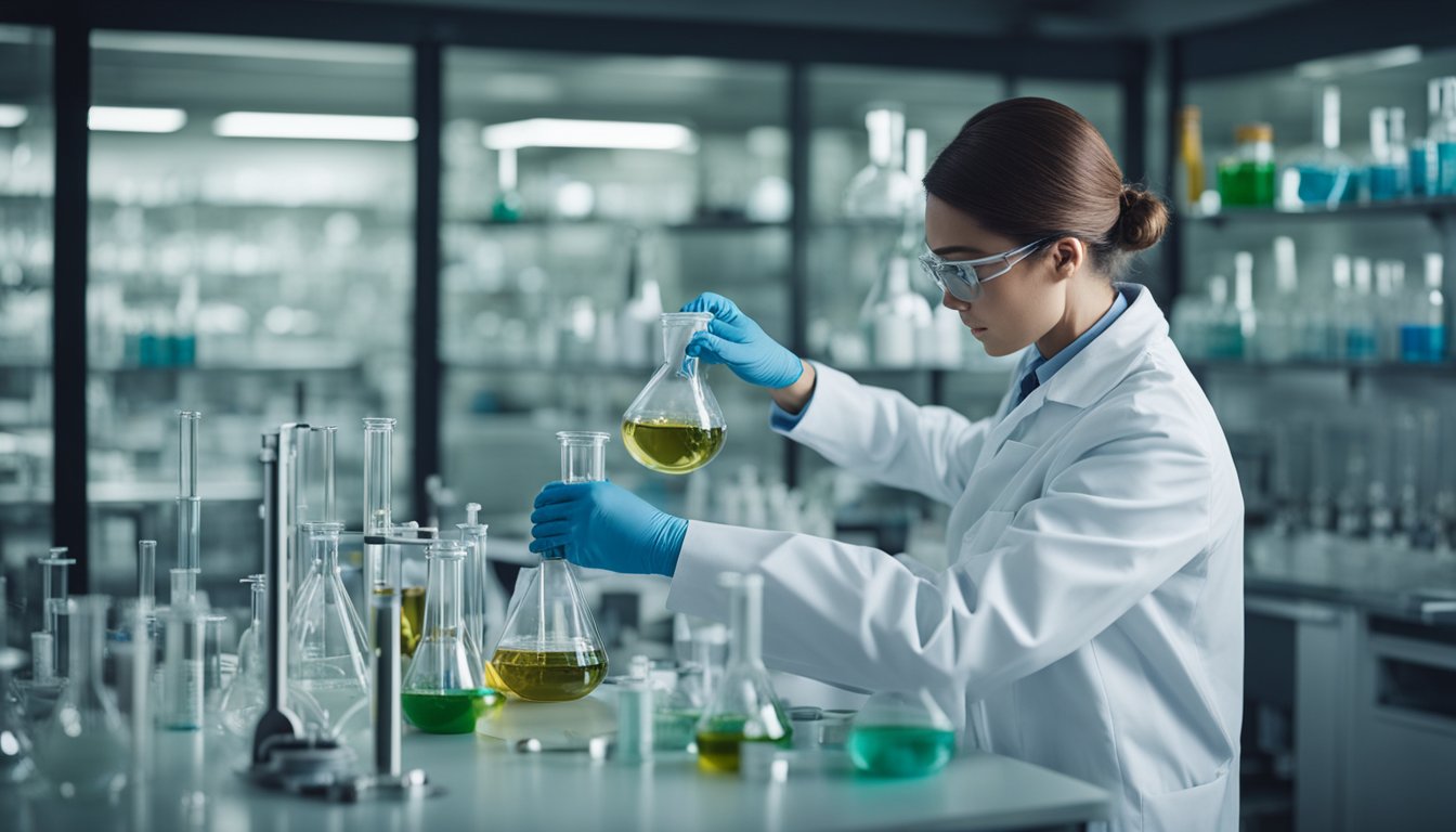 A scientist in a lab coat carefully measures and mixes various ingredients in glass beakers and flasks, using precise laboratory equipment