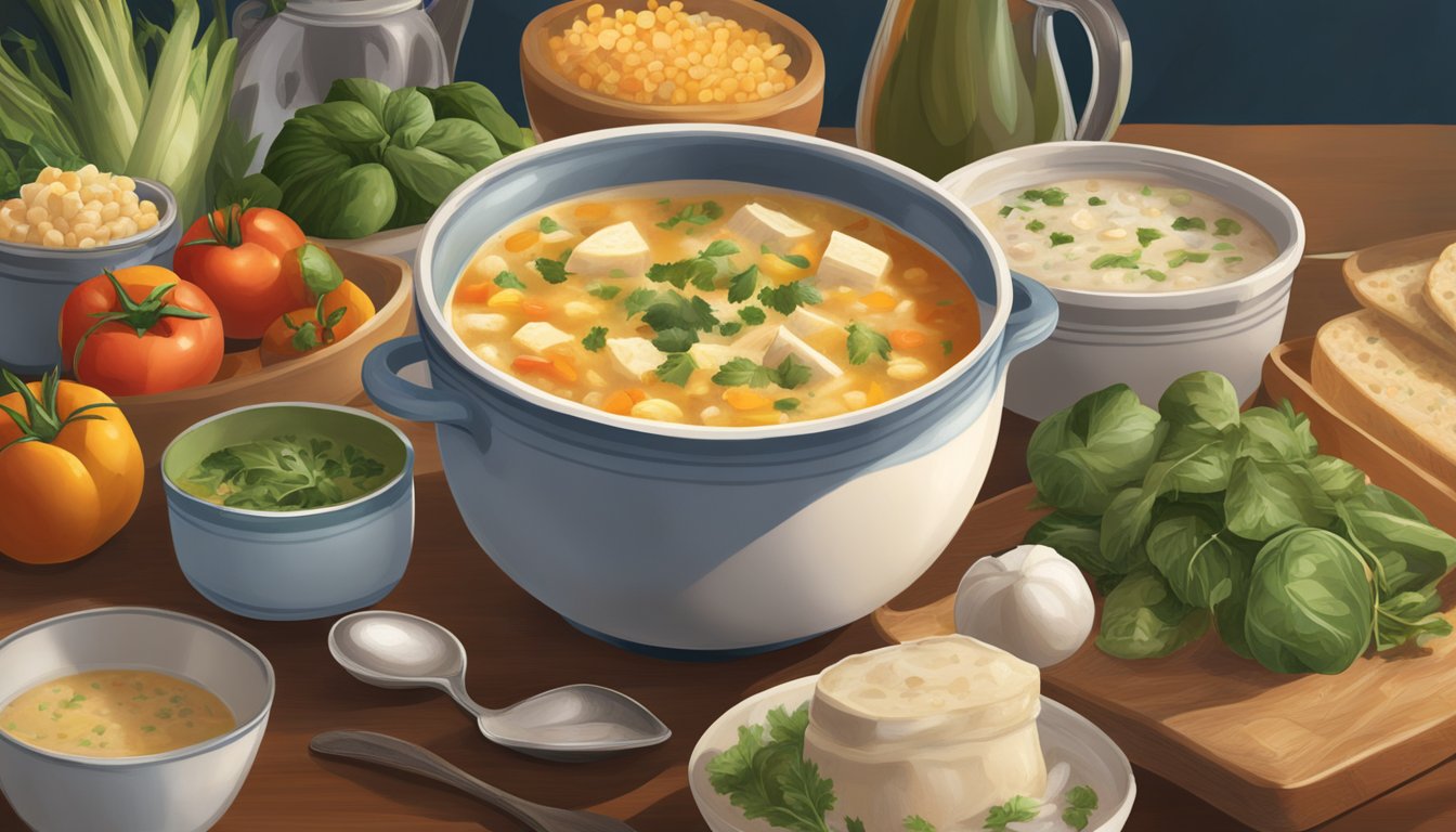 A steaming bowl of Progresso soup sits on a cozy kitchen table, surrounded by fresh ingredients and a busy weeknight atmosphere