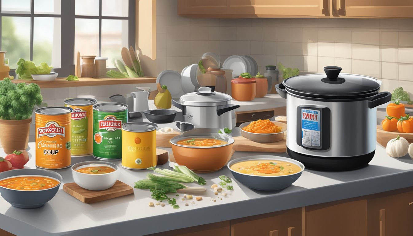 A busy kitchen counter with various Progresso soup cans and ingredients scattered around, a pot simmering on the stove, and a timer ticking in the background