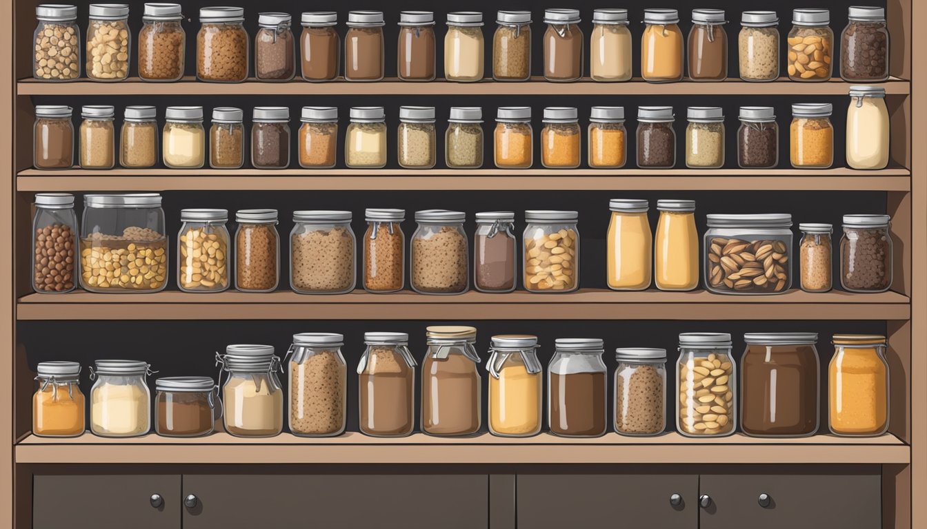 A well-organized pantry shelves filled with glass jars of homemade nut butter, labeled and neatly arranged for preservation and storage