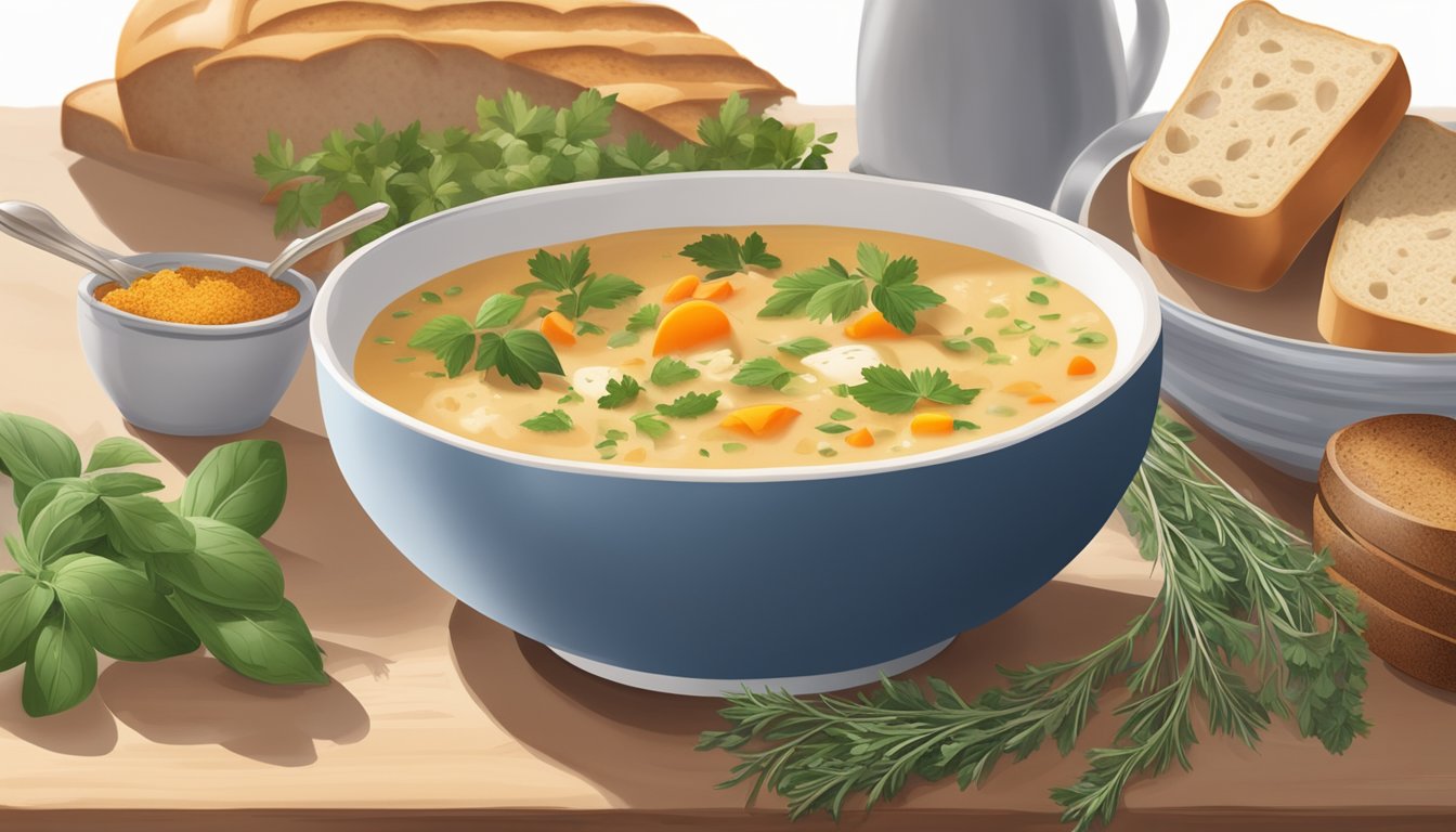 A steaming bowl of Progresso soup surrounded by fresh herbs, spices, and a loaf of crusty bread on a cozy kitchen counter