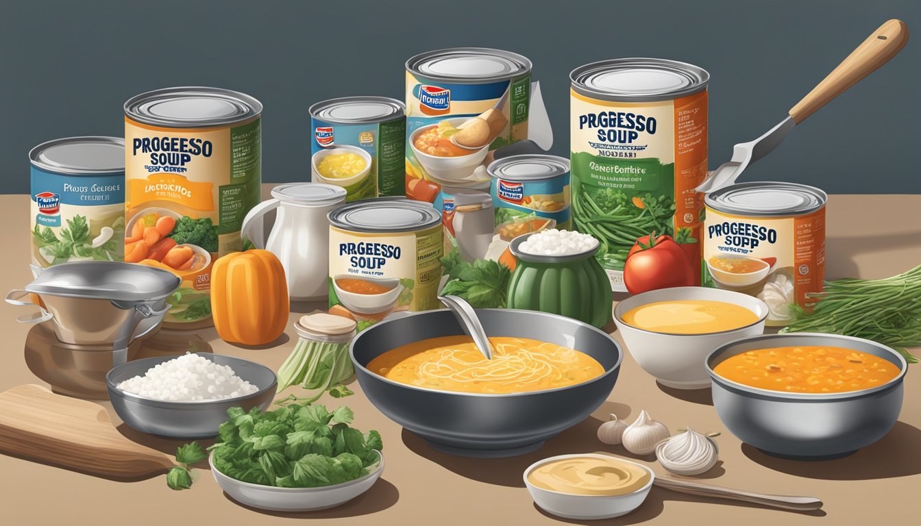 A busy kitchen counter with open cans of Progresso soup, fresh ingredients, and cooking utensils scattered around